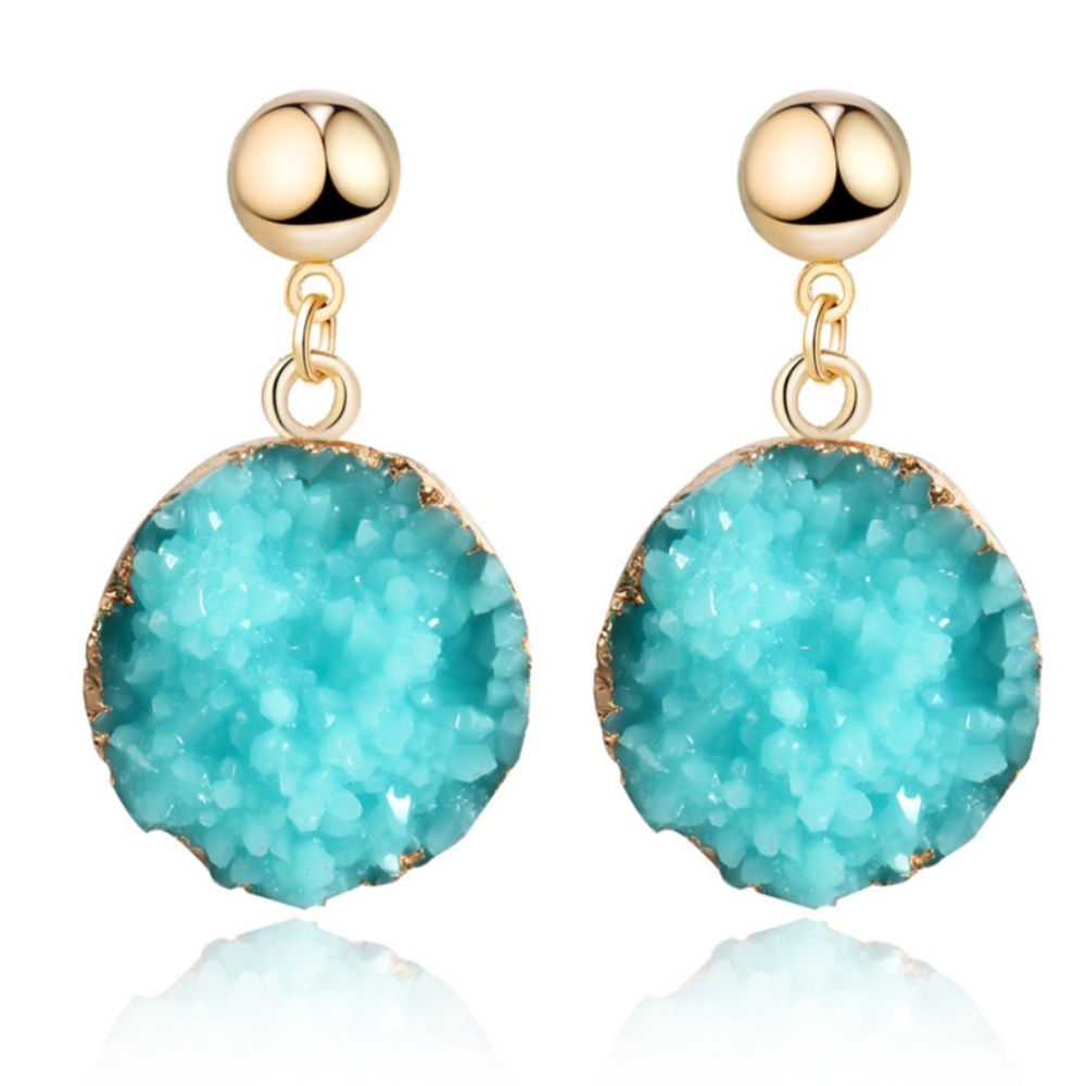 Statement teal resin druzy gold earrings